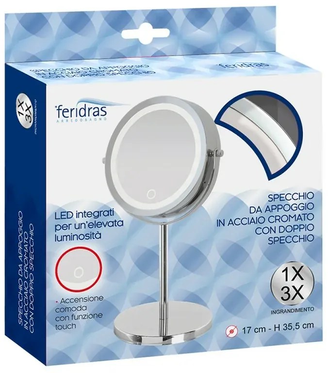 Specchio per trucco con luce LED ON/OFF touch in acciaio cromo D 17 cm