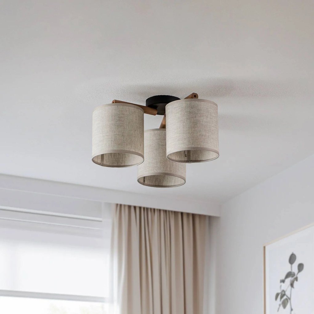 Plafoniera Deva, tessuto, 3 luci Deva TK Lighting, dimmerabile, Legno chiaro, Soggiorno / Sala da pranzo, Legno, Scandinavo
