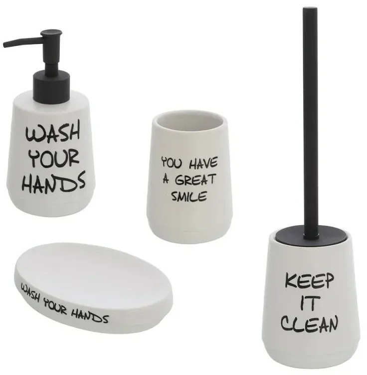 Set accessori linea Wash bianco con scritte completo di portascopino