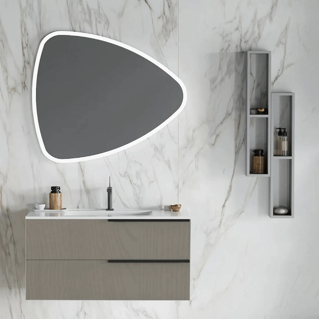 Mobile Bagno Sospeso 100 Cm Due Cassetti Specchio Con Illuminazione Led 100x85 Cm Savini Due "Oikos" Pietra
