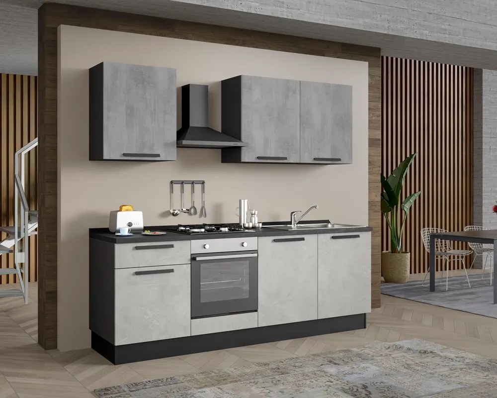 Cucina montata Dora bianco e grigio chiaro, lavello a destra, L 240 cm, completa di: cappa a camino, piano cottura a gas e forno