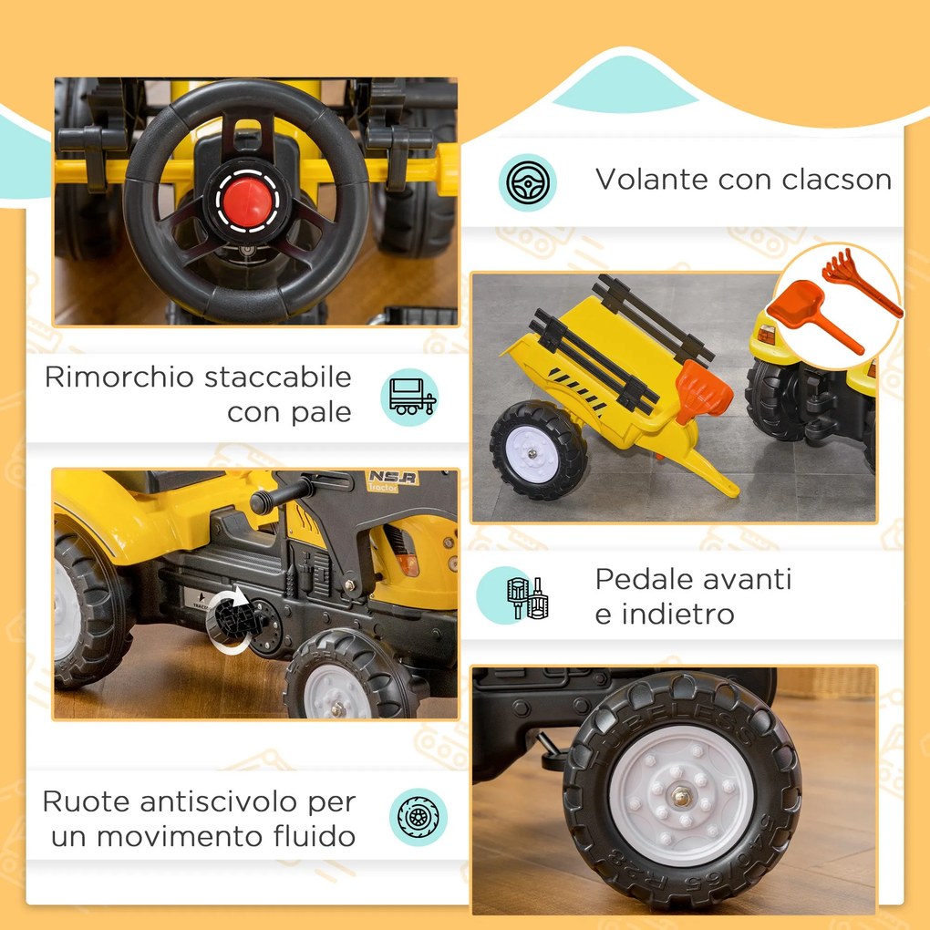 Escavatore A Pedali per Bambini con Ruspa e Rimorchio Giallo...