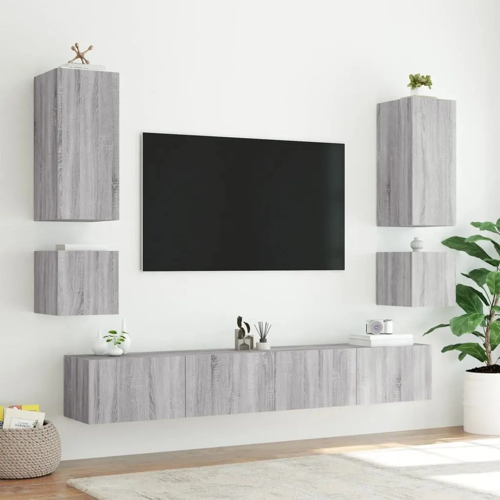 Mobili tv a parete con luci led 2pz grigio sonoma 40,5x35x40 cm