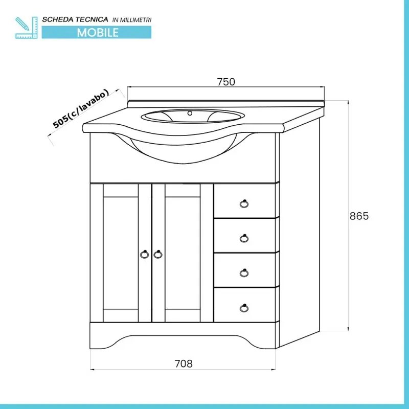Mobile bagno a terra 75 noce con lavabo specchio e lampada Romantica