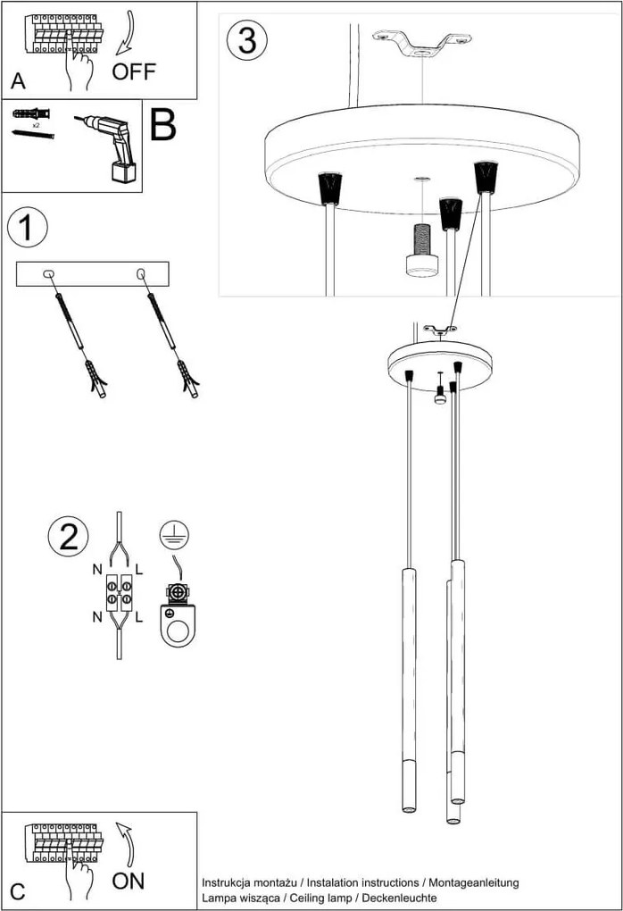 Lampada a Sospensione in Acciaio MOZAICA 3P Nero 3xG9