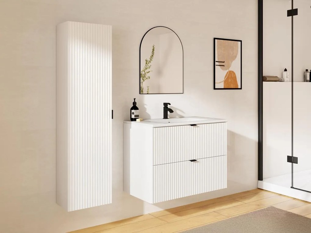 Mobile per bagno sospeso con scanalature e lavabo da incasso e colonna 80 cm Bianco opaco - ZEVINI