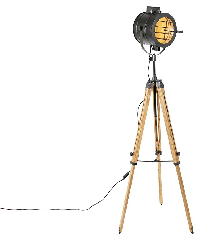 Lampada da terra tripode nera con spot da studio in legno - Radient