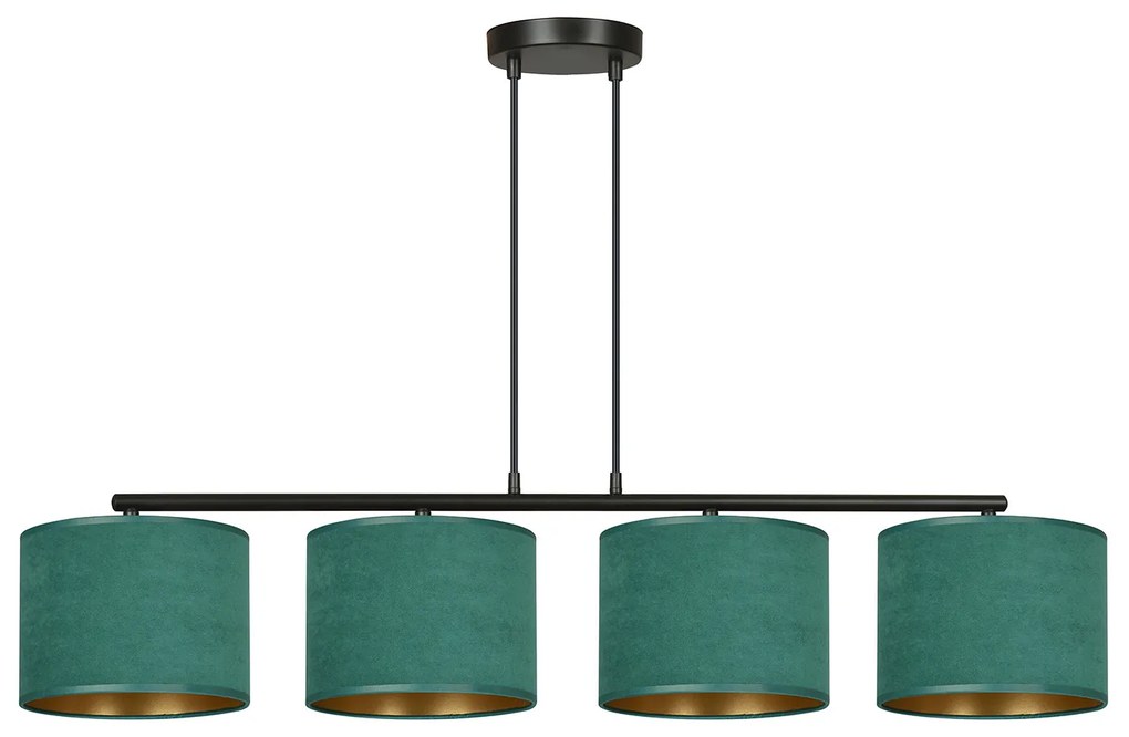 Lampadario 4 Luci Ganesha In Acciaio Nero E Paralumi In Tessuto Verde