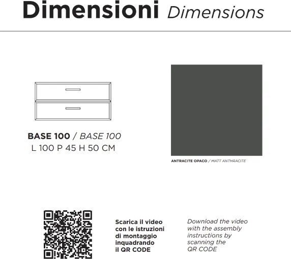 Mobile da bagno sospeso moderno base 100 CLEIDE con 2 cassetti e lavabo, ANTRACITE OPACO