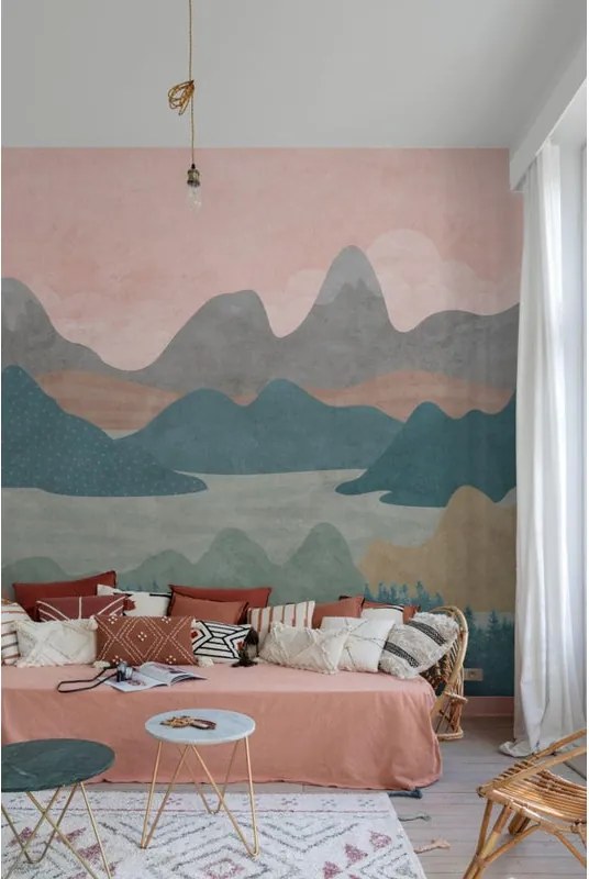 Fotomurale GRANDECOLIFE Montagne, rosa, verde, grigio 371X280 cm