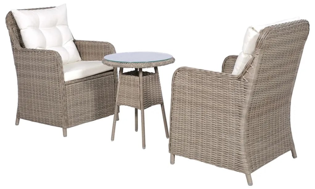 Set da bistro 3 pz con cuscini in polyrattan marrone