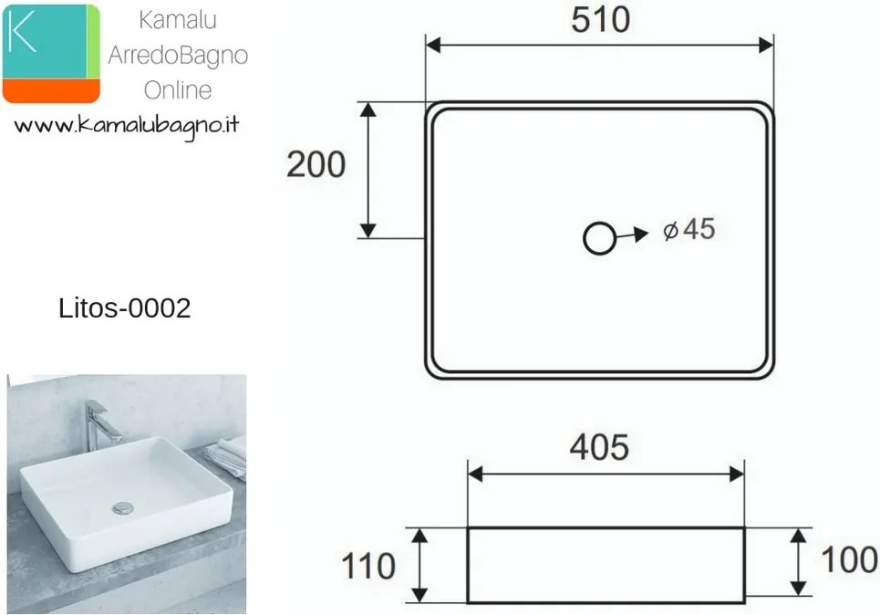 Lavabo appoggio 51cm design moderno ceramica slim Litos-0002 - KAMALU