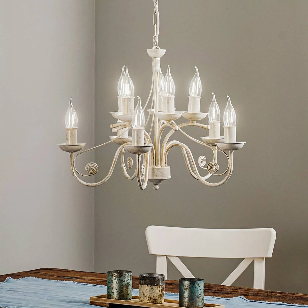 Lamkur Lampadario Ayleen in acciaio, 10 luci, bianco