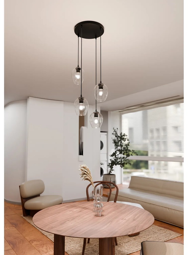 Lampadario 4 Luci Fuxi Base Tonda In Acciaio Nero E Vetri Trasparente