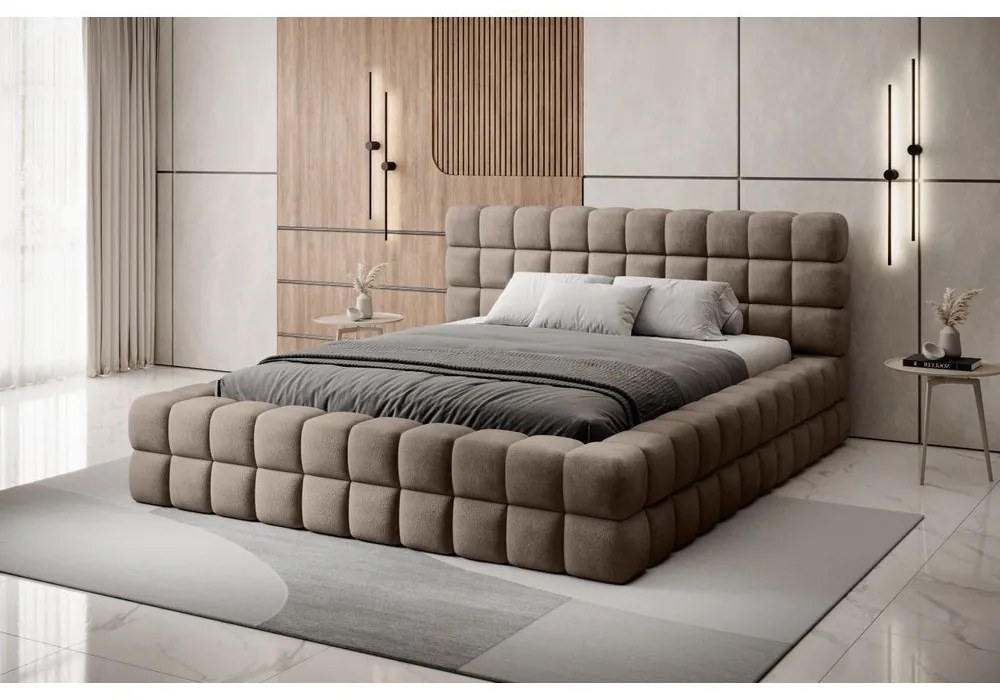 Letto matrimoniale imbottito marrone chiaro con contenitore e rete inclusi 160x200 cm Dizzle – ELTAP