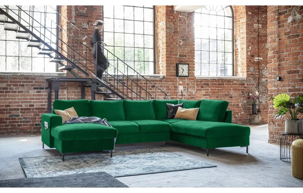 Divano letto a U in velluto verde, angolo destro Lofty Lilly - Miuform