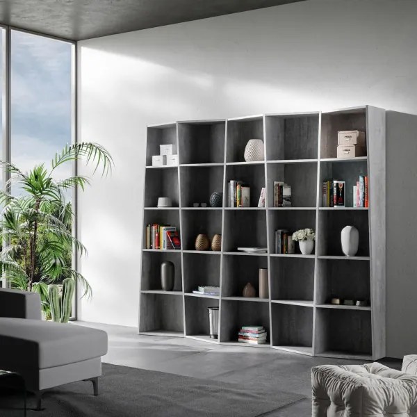 Libreria in legno Cemento 227x200h cm con 5 elementi e vani trapezoidali TREK