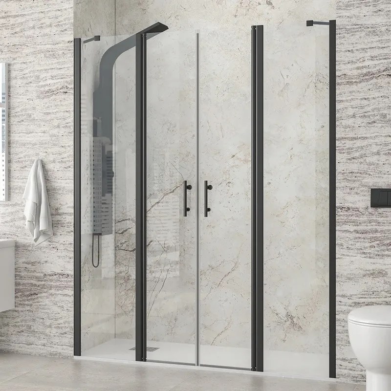 Porta doccia 160 cm telaio nero doppio battente e ante fisse | KPX7000N - KAMALU