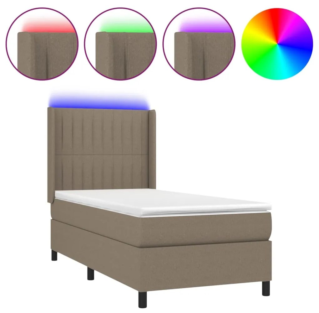 Letto a molle con materasso e led tortora 90x200 cm in tessuto