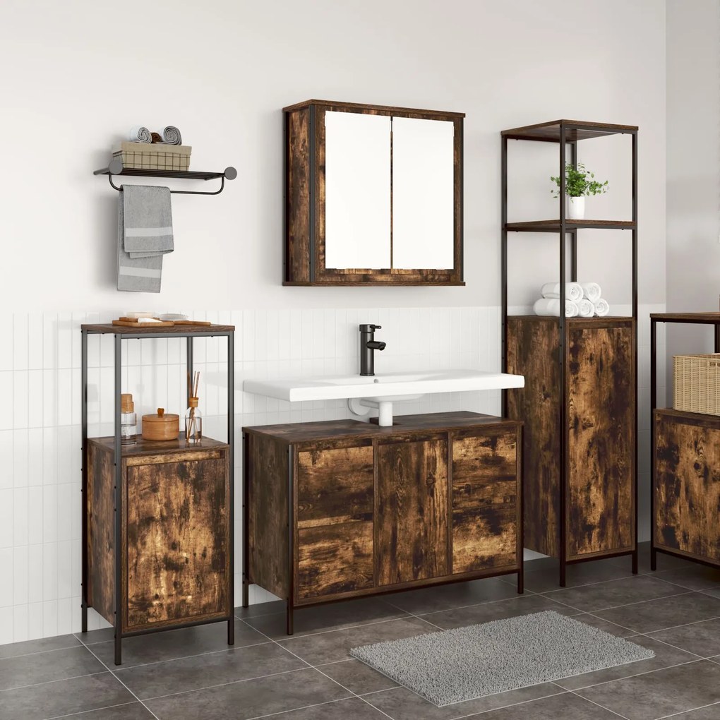Set di mobili da bagno a 3 pezzi in legno ingegnerizzato rovere affumicato
