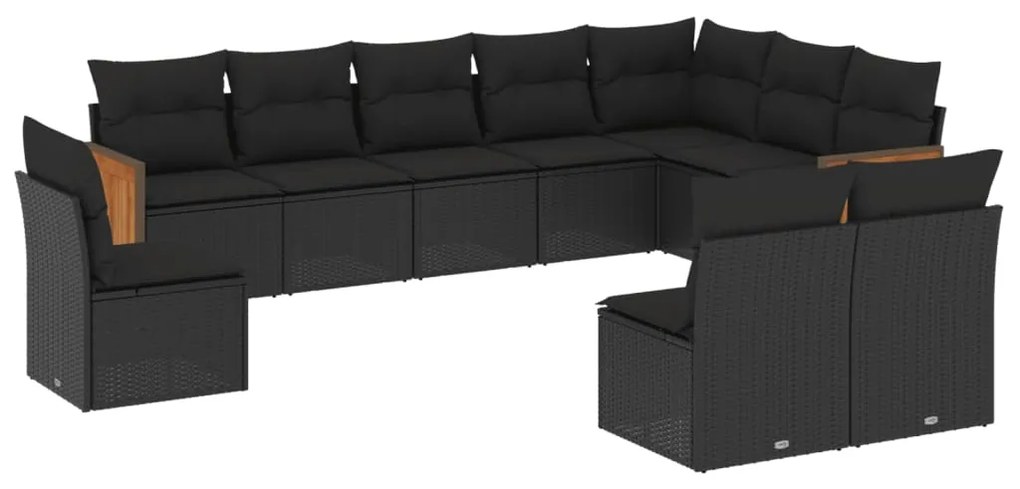 Set divani da giardino 10pz con cuscini in polyrattan nero