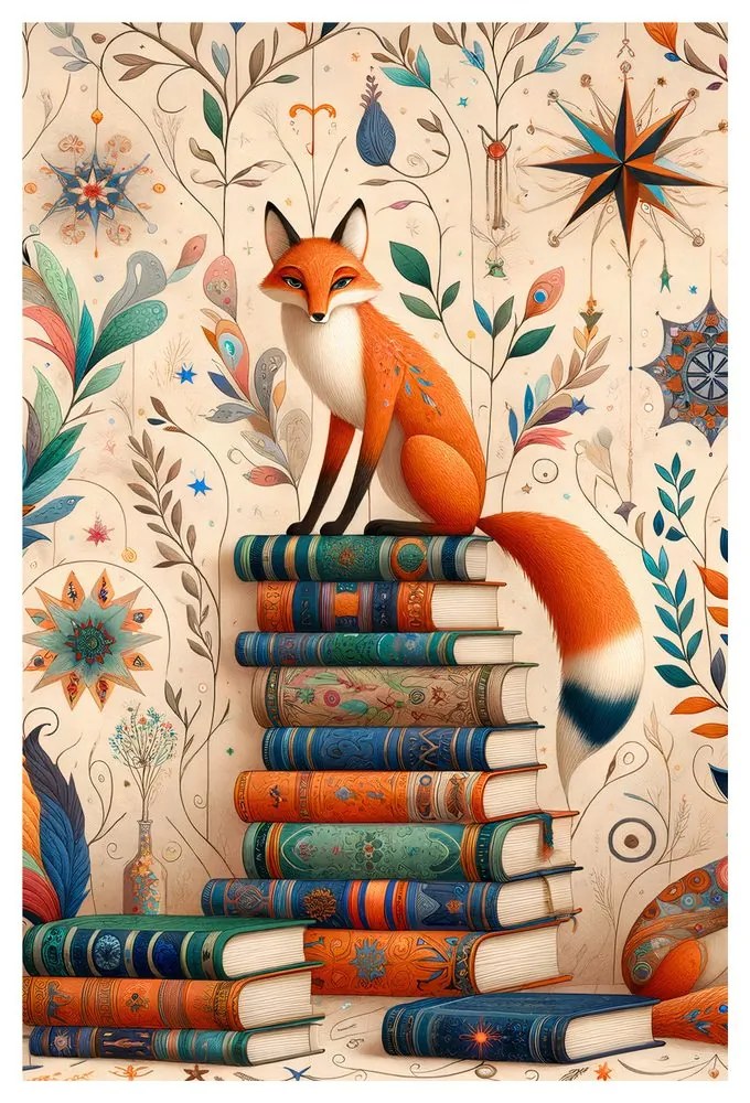 Quadro su tela – Volpi e biblioteca magica