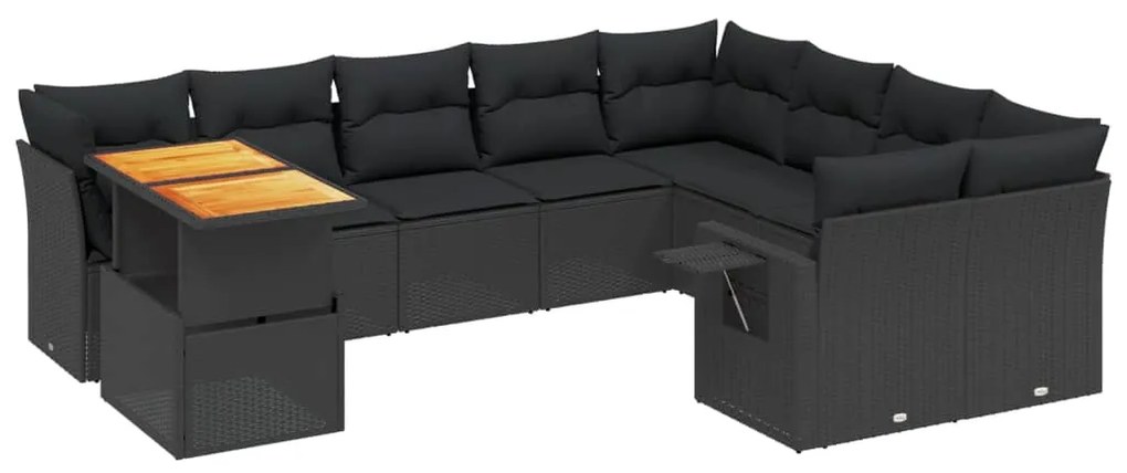 Set divani da giardino 10pz con cuscini in polyrattan nero