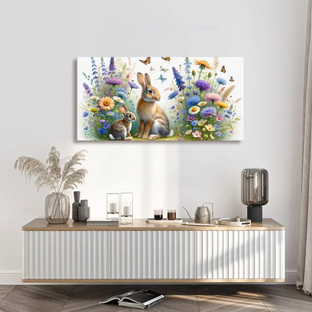 Quadro su tela – Fiori di campo e coniglietti tra le farfalle