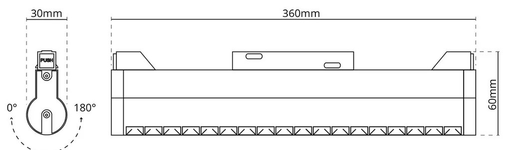 Faro LED Lineare 18W Magnetico 36cm CRI92 UGR16 Nero 48V Colore Bianco Naturale 4.000K