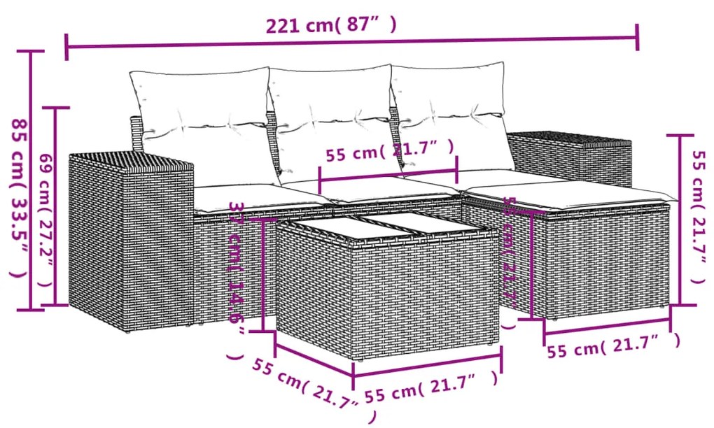 Set divano da giardino 5pz con cuscini grigio chiaro polyrattan