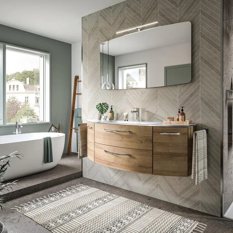 Mobile da bagno sospeso Cassca di Pelilpal L 139 x H 49.2 x P 46.2 cm rovere riviera, 2 ante, 2 cassetti con illuminazione LED esterna,attivabile con sensore di movimento