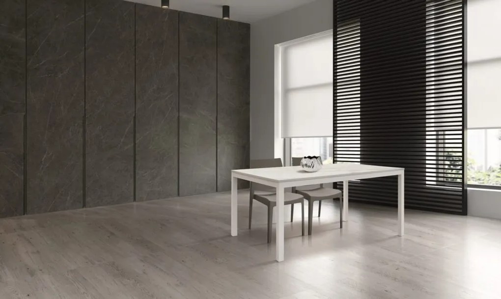 Tavolo TROPEA in legno, finitura marmo statuario e metallo verniciato bianco, allungabile 110&#215;70 cm &#8211; 160&#215;70 cm