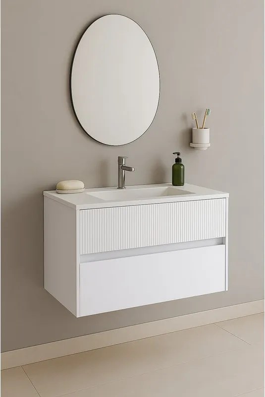 Mobile da bagno sospeso sotto lavabo Niwa 2 cassetti L 89.5 x H 50 x P 45.5 cm bianco laccato opaco cannettato