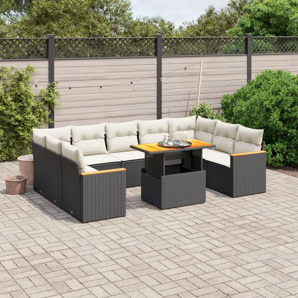 Set divani da giardino 11 pz con cuscini in polyrattan nero