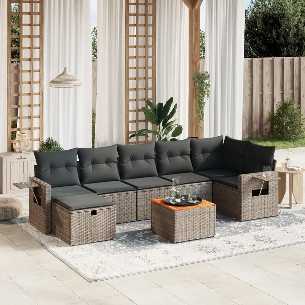 Set divano da giardino 8 pz con cuscini grigio in polyrattan