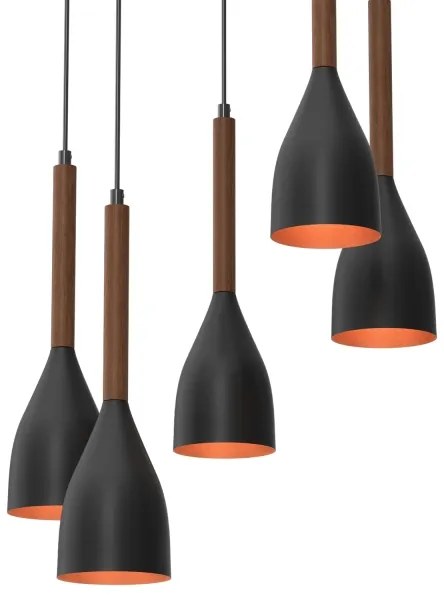 Lampadario a sospensione con filo MUZA 5xE27/15W/230V nero/marrone/rame/faggio