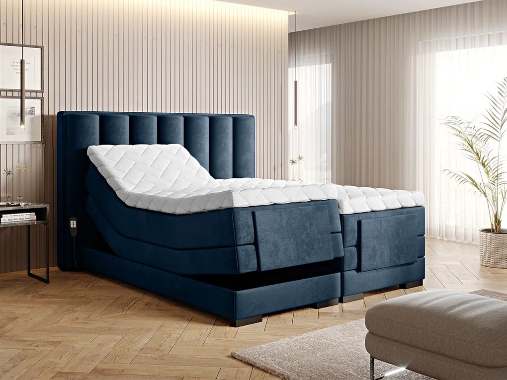 Letto motorizzato matrimoniale boxspring Utrecht - 180 x 200 cm , Tessuto blu