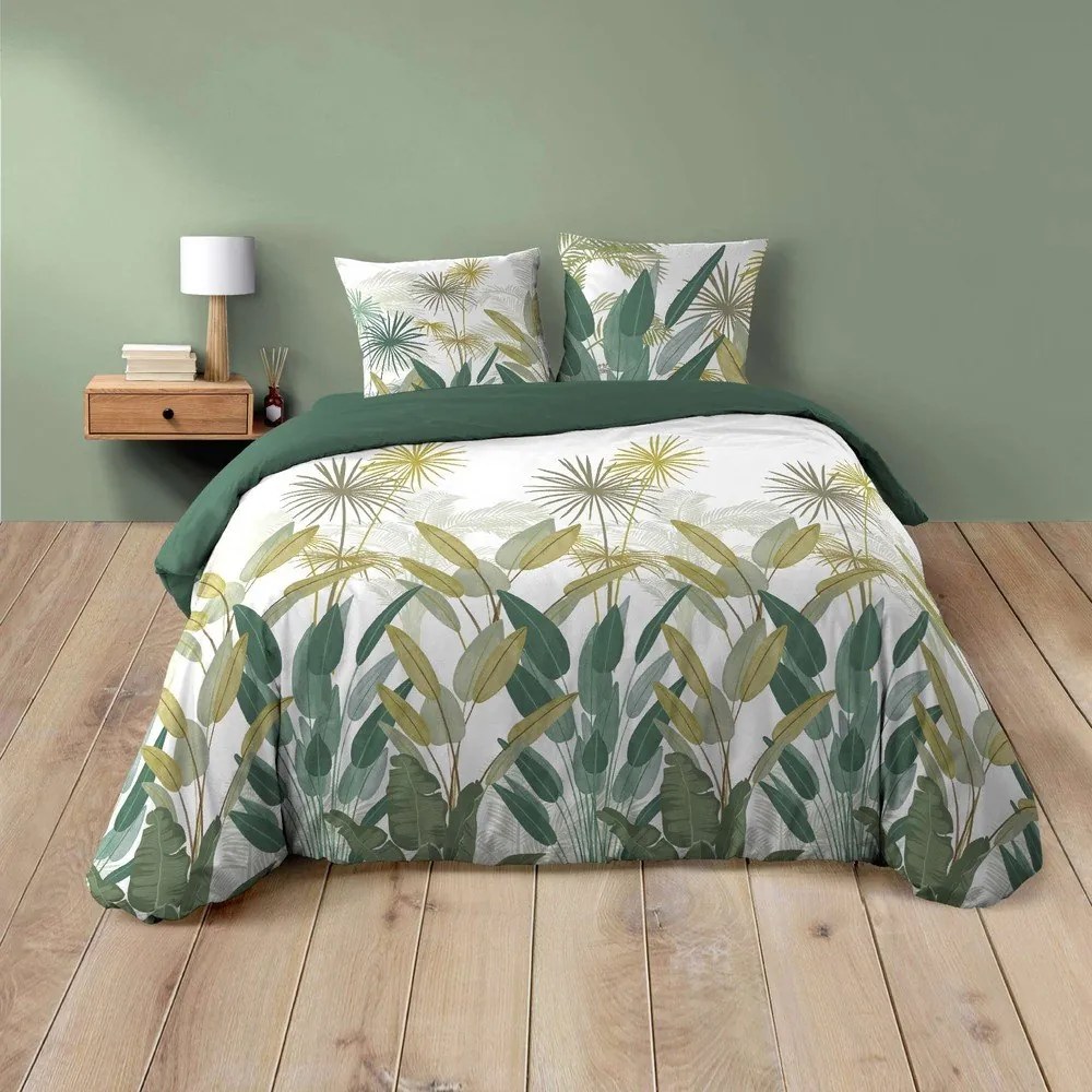 Set copripiumino e federa bianco/verde in cotone per letto matrimoniale ed esteso 240x220 cm Otika – douceur d'intérieur