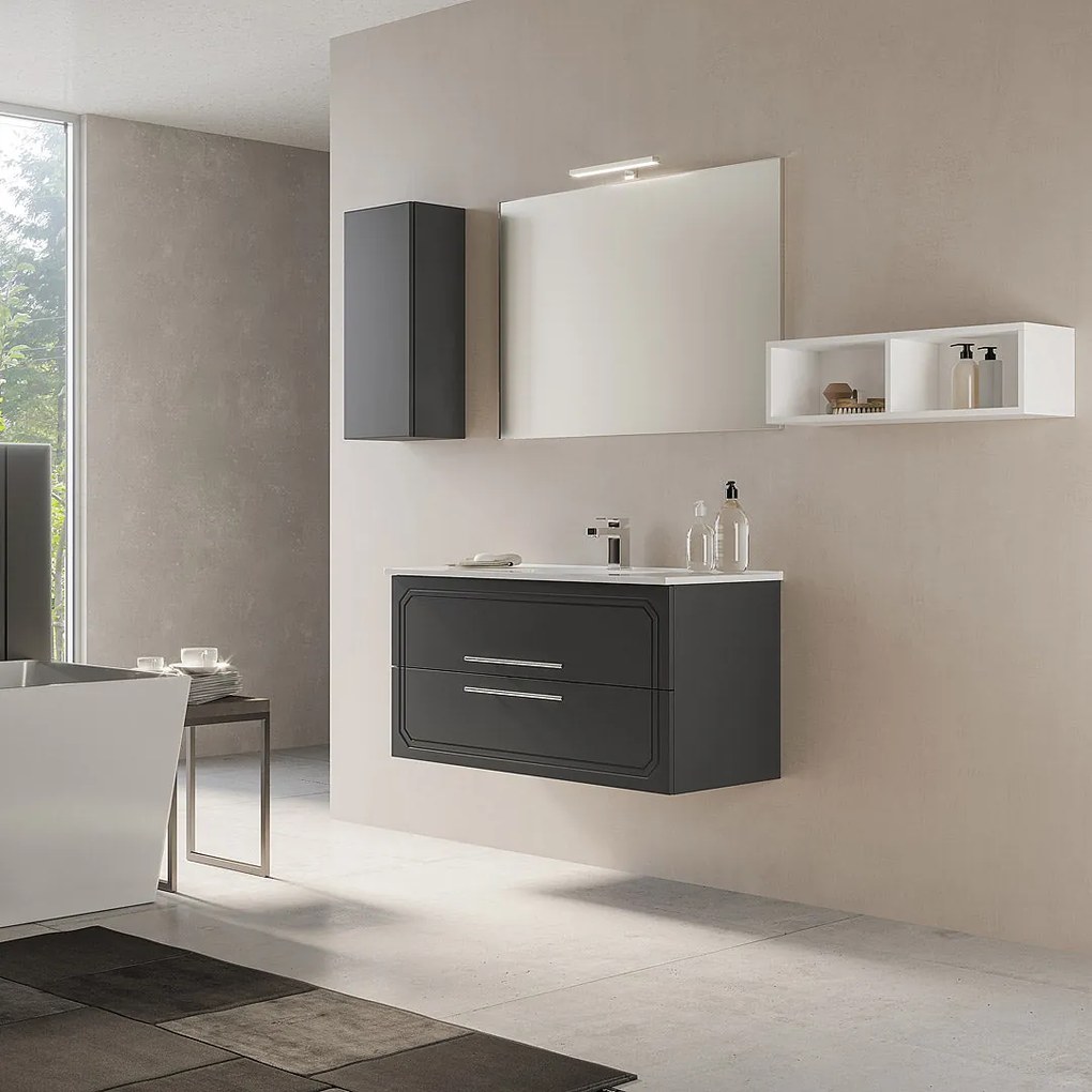 Mobile Bagno Sospeso 80 Cm Due Cassetti Specchio Con Lampada Led 81x70 Cm Savini "Maya 2"