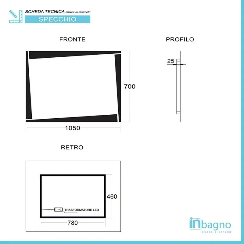 Specchio da bagno serigrafato con telaio 105x70 cm installazione reversibile