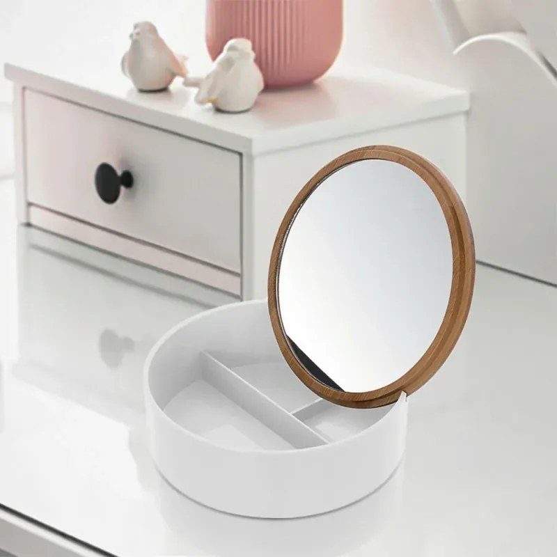 Porta trucchi da bagno tondo in plastica bianca e bamboo completo di specchio