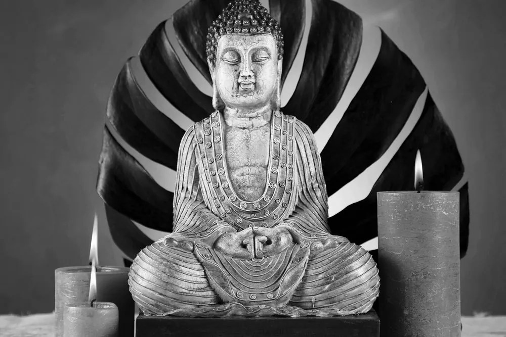 Stampa su tela – Buddha con natura morta rilassante in bianco e nero