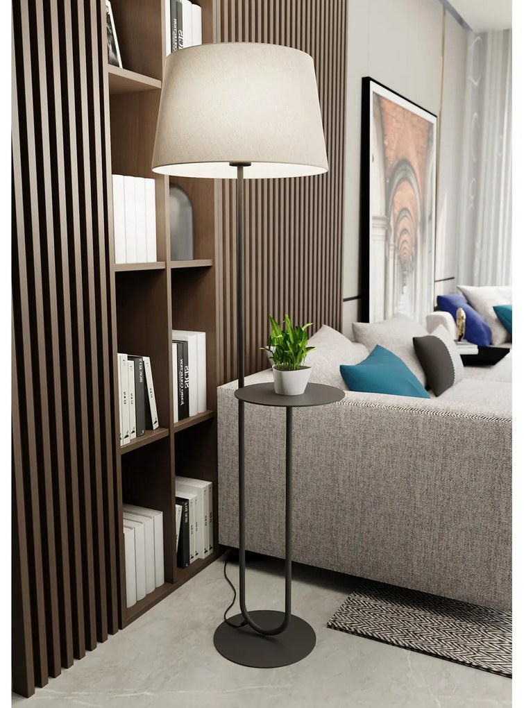 Piantana 1 Luce Horus Paralume In Tessuto Beige Con Mensola In Acciaio Nero