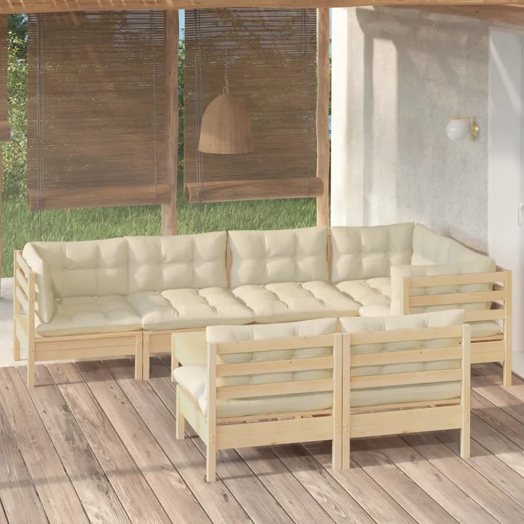 Set divani da giardino 8 pz con cuscini crema in massello di pino