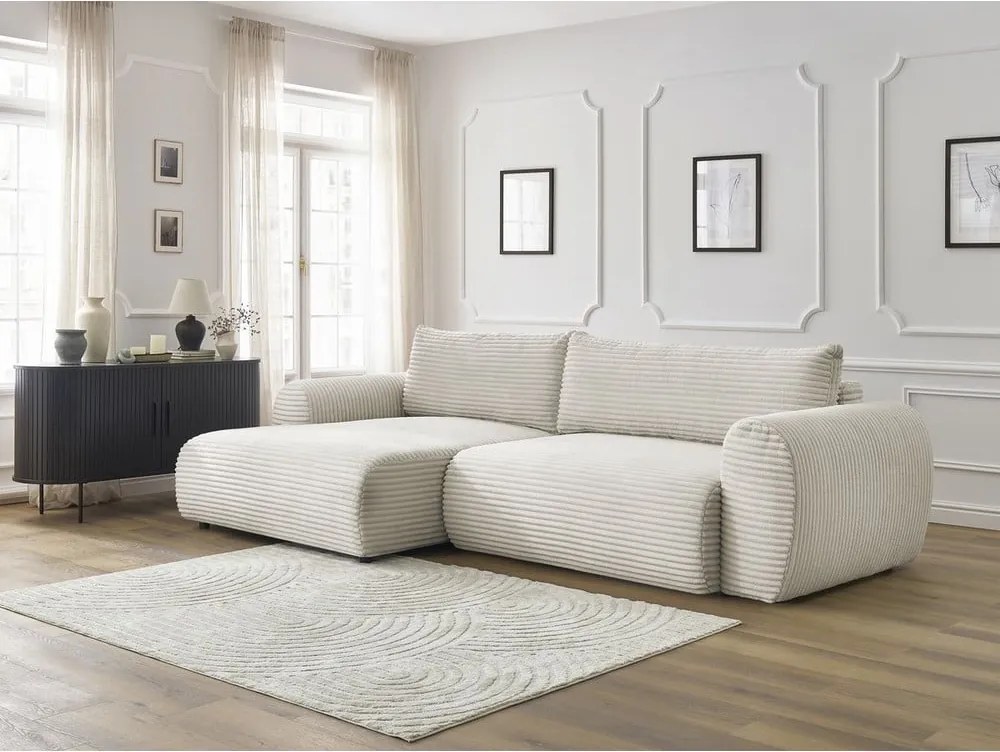 Divano angolare color crema allungabile (con penisola a sinistra) con rivestimento in velluto a coste Lucien – Bobochic Paris