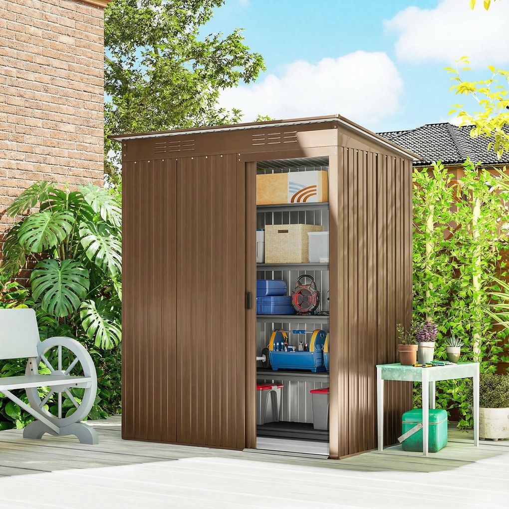 Casetta da Giardino 159x106x181 cm con Prese d'Aria e Porta Scorrevole in Metallo Marrone...