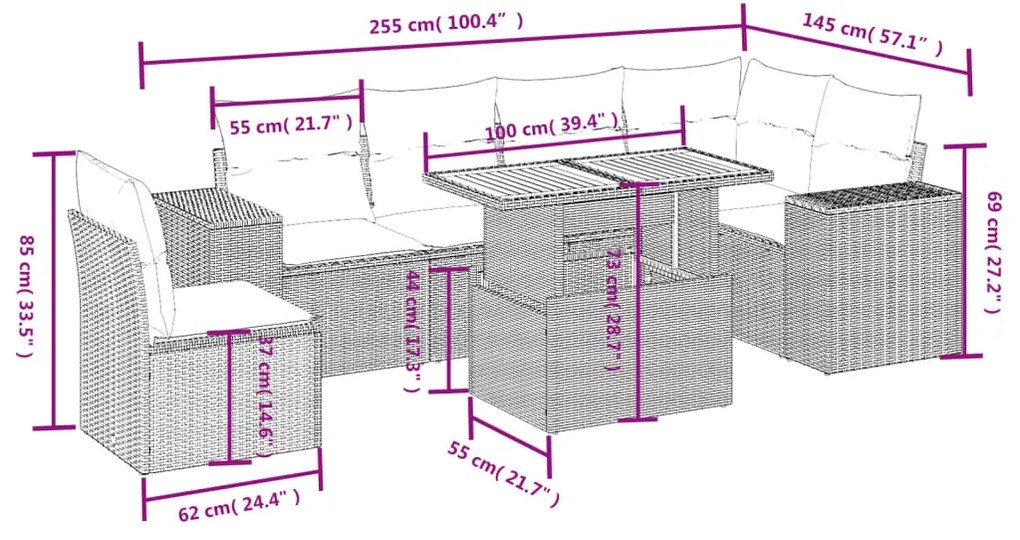 Set divani da giardino 7 pz con cuscini beige in polyrattan