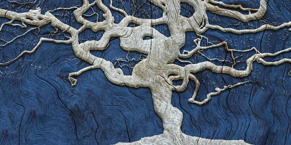 Stampa su tela – Albero astratto su legno con contrasto blu