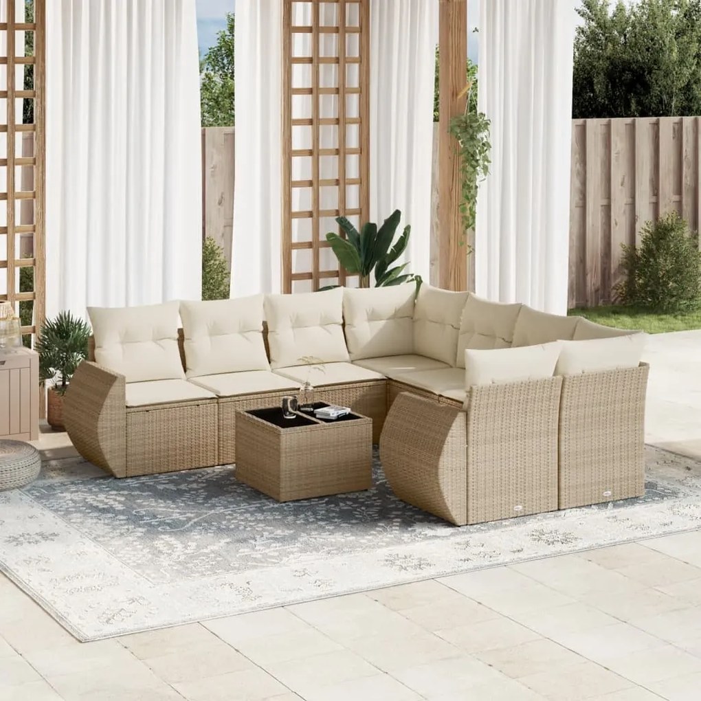 Set Divano da Giardino 9 pz con Cuscini Beige in Polyrattan