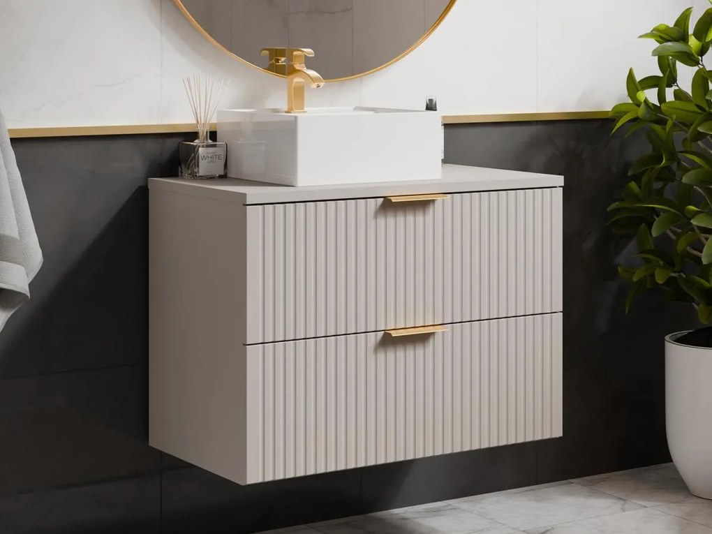Mobile per bagno sospeso con scanalature e lavabo da appoggio quadrato 80 cm Beige - ZEVARA